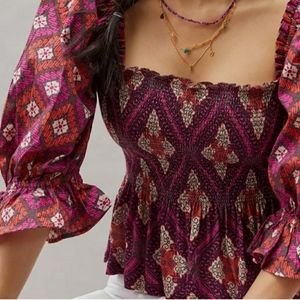 Anthropologie Smocked Puff Sleeve Top
